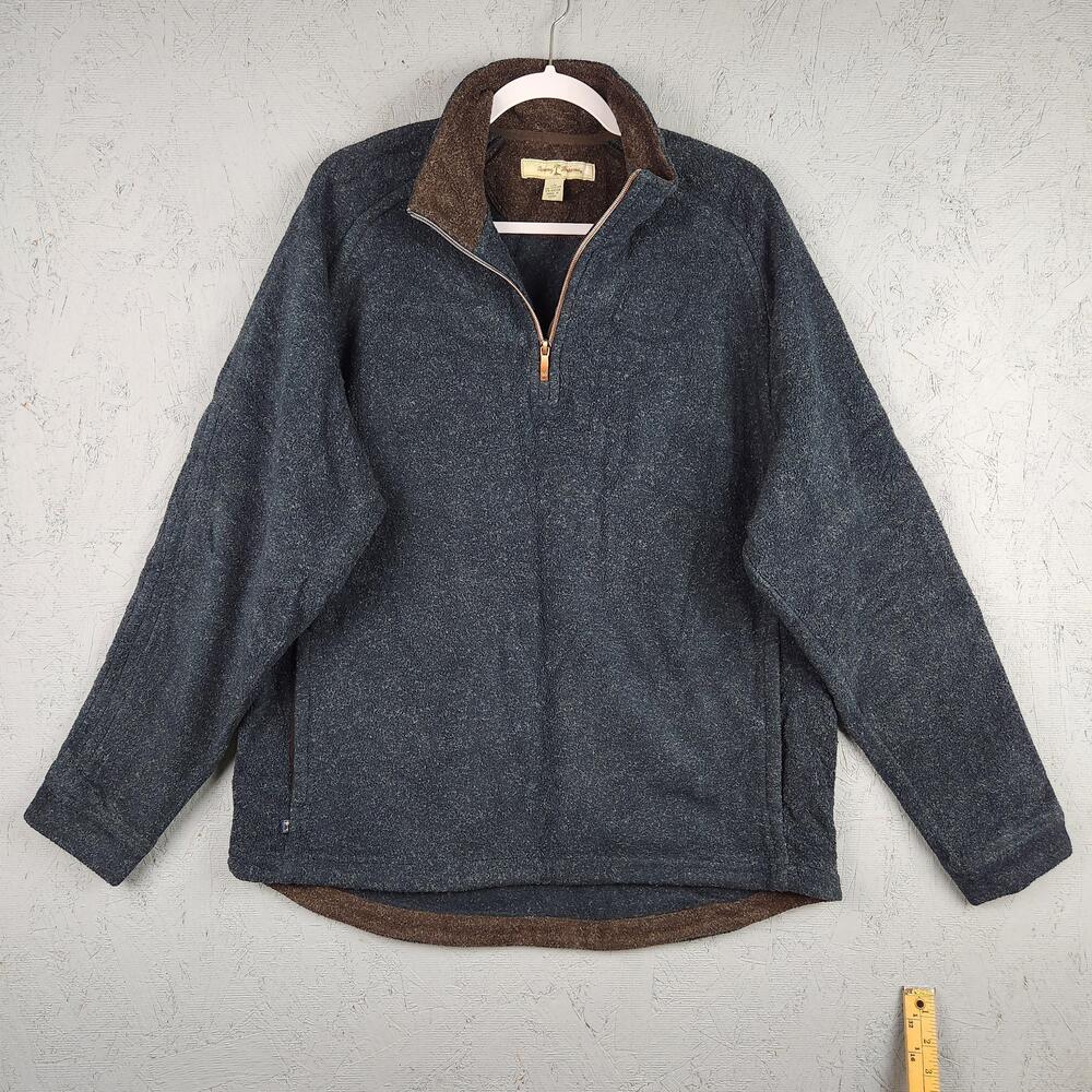 Tommy Bahama Sweater Mens Large Blue Heather Half Zip Pullover Brown Collar Logo